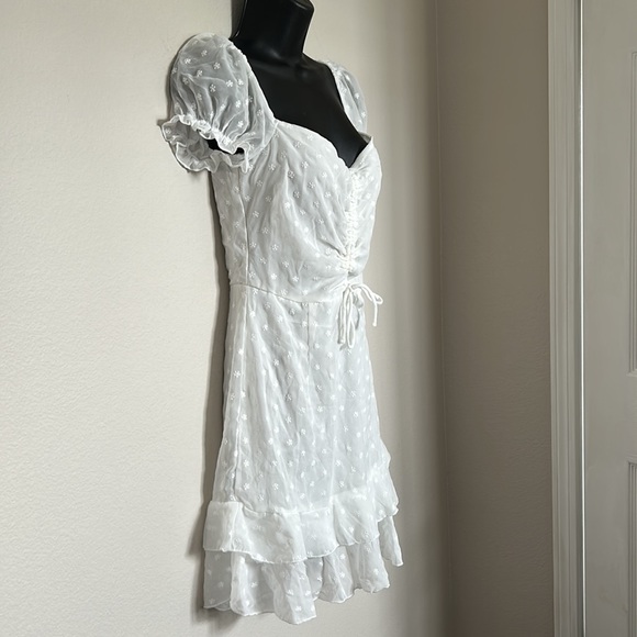 Princess Polly Mikail White Swiss Dot Puff Sleeve Sweetheart Neckline Mini Dress - Picture 7 of 11